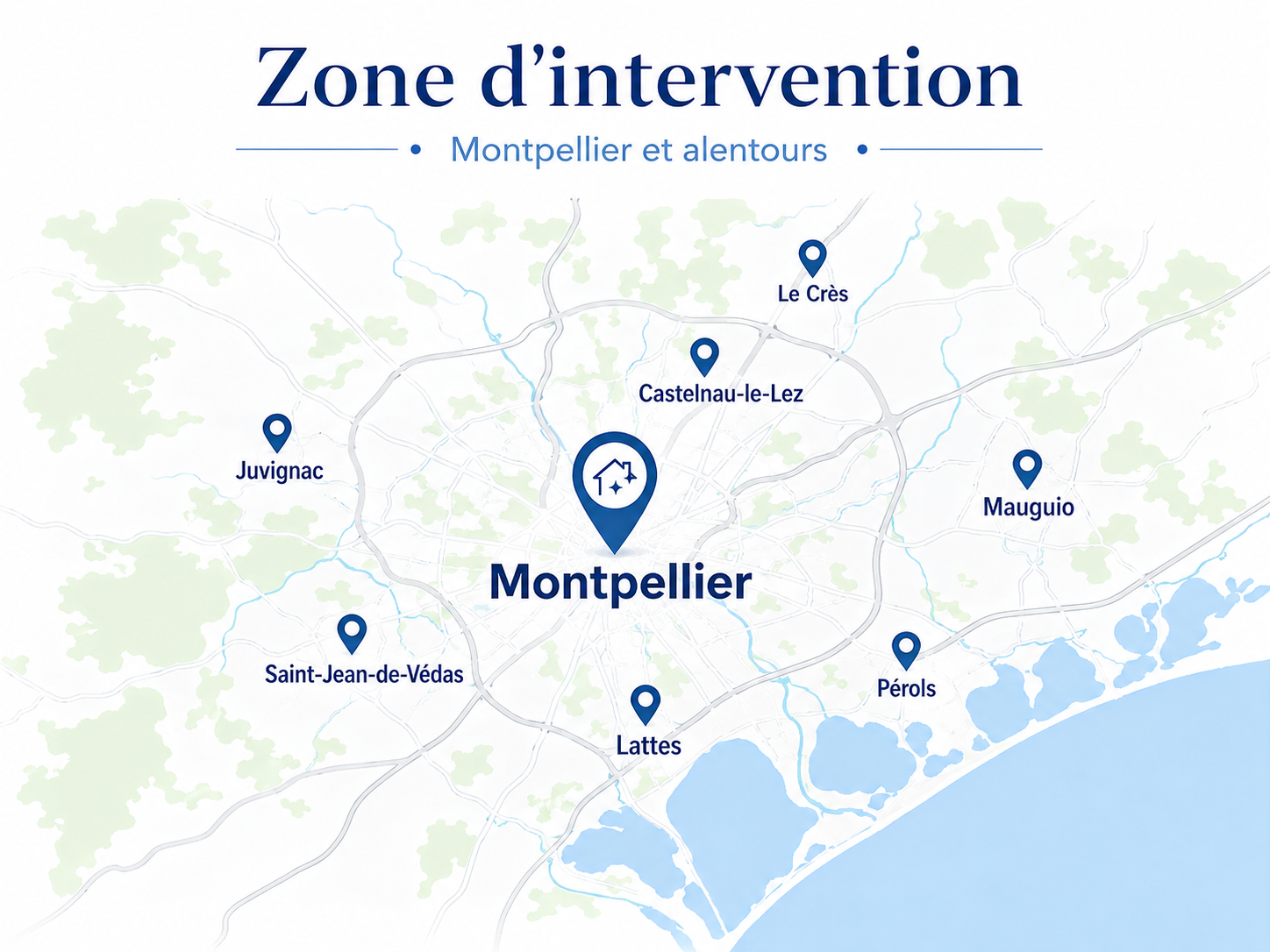 Carte de la zone d’intervention Team Clean autour de Montpellier
